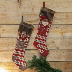 Snow-man-Santa- Clause-pair-of- Christmas-stockings- -handmade-red-white- stripes-brown-faux- fur