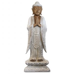 Whitewashed-buddha-standing- welcome-wood-statue wood