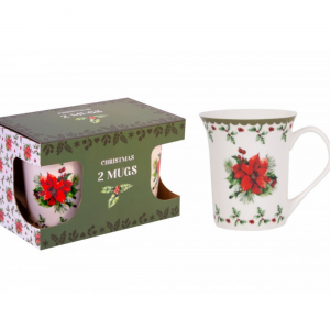 White-red-green-holly-poinsettia- Christmas-mugs-set- of-2