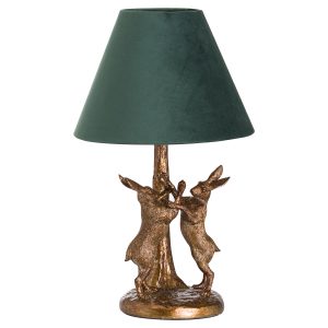 Handcrafted animal hare lamp gold. Green velvet shade nature inspired