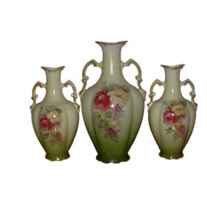Schlaggenwald Bohemia Austria Czech Republic Pottery Sommer & Matschak fine highly decorated beautiful vases unique rare antique pieces bohemian porcelain highly collectable for collectors hand painted classic design yellow pink bud flowers green background intricately detailed gold handles gold mouth rim early 1900’s circa 1904 -1905 Edwardian period