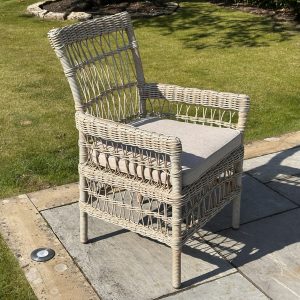 Wicker weave garden outdoor dining chair weather resistant durability against the elements year round outdoor placement low maintenance care aluminium frame light weight sturdy rust protection quick drying polyester cushions resists moisture and UV damage